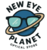 Logo for New Eye Planet Optical Store featuring a dark blue planet wearing teal and black glasses with a Saturn-like ring around it.